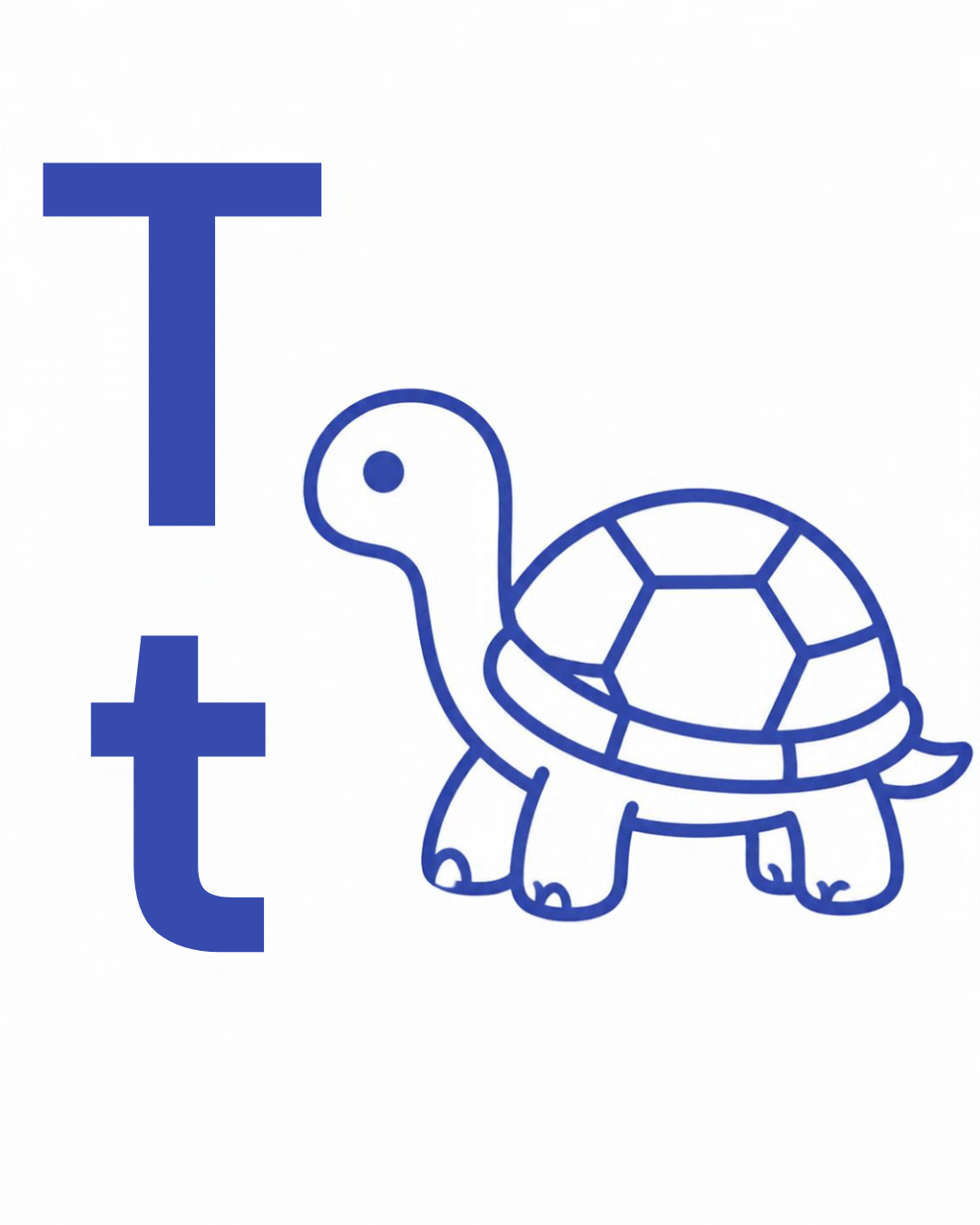 Letter sound card for T: big T, little t and the turtle together on a white card, from the Kiddo School alphabet