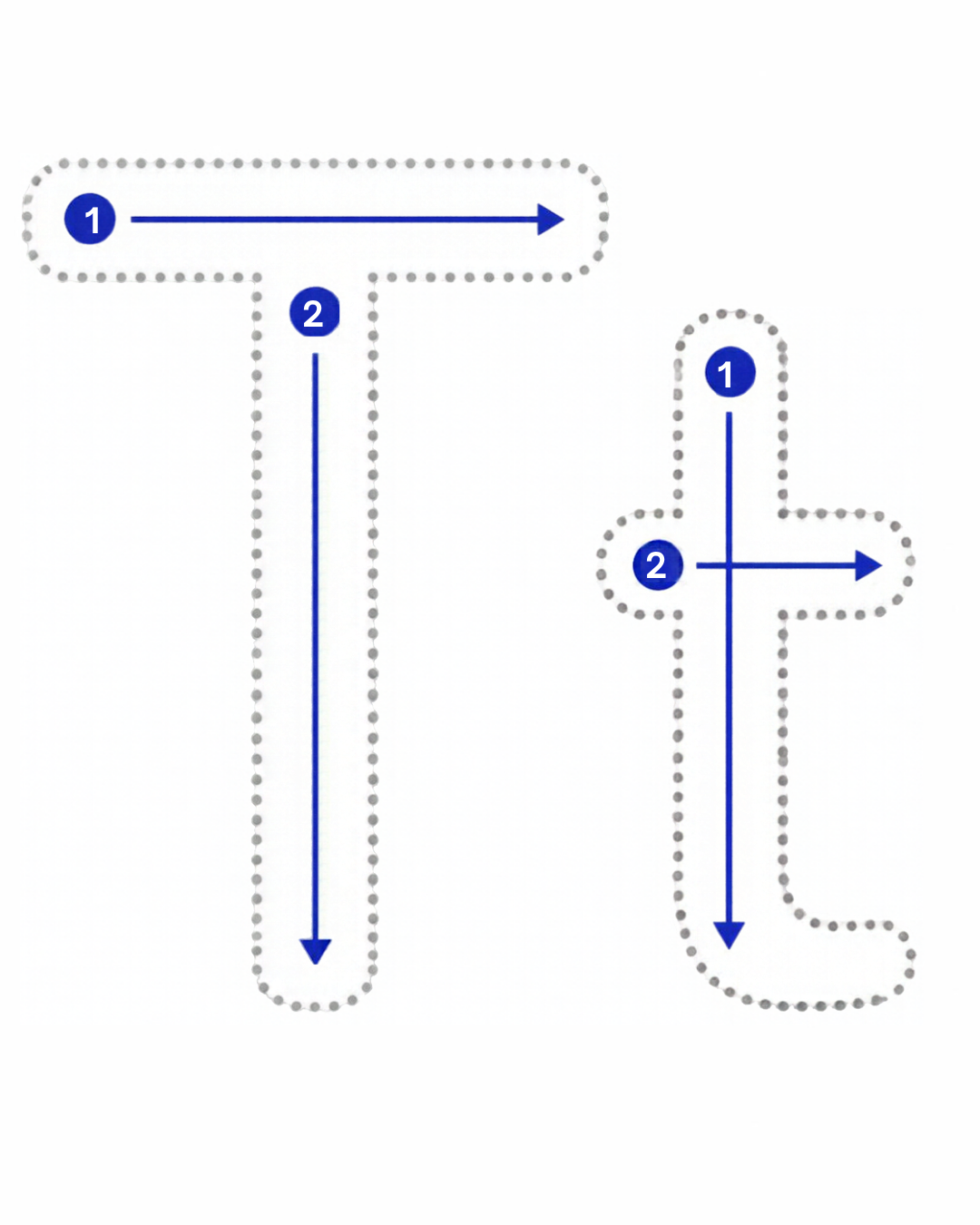 Letter tracing card for T: dotted T and t with numbered stroke arrows, from the Kiddo School alphabet