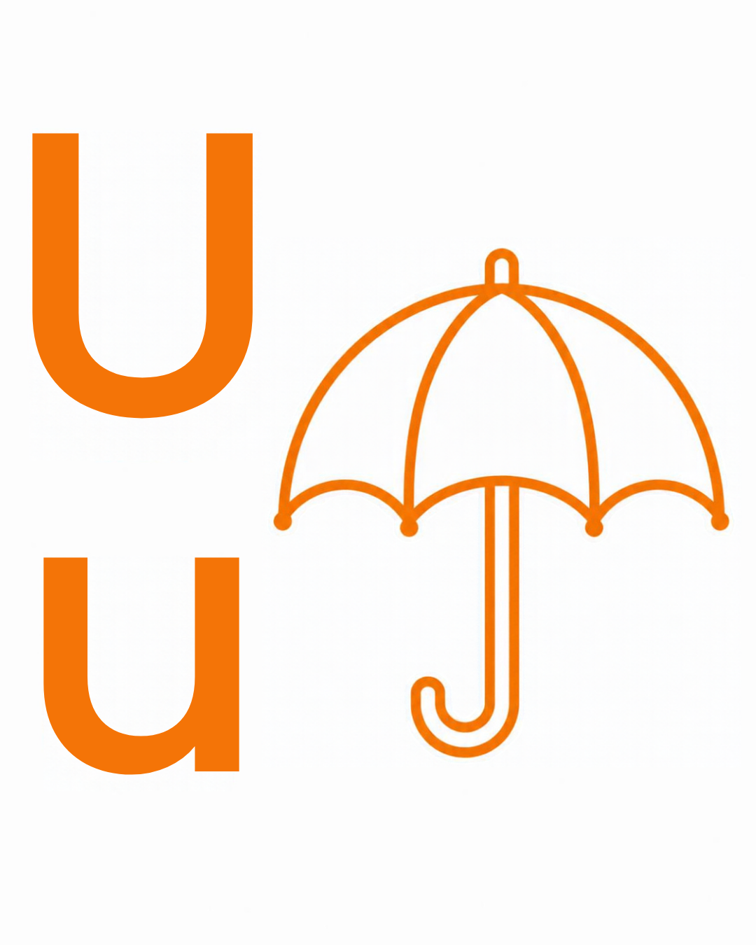 Letter and picture association card: U u with an orange umbrella opened above its handle