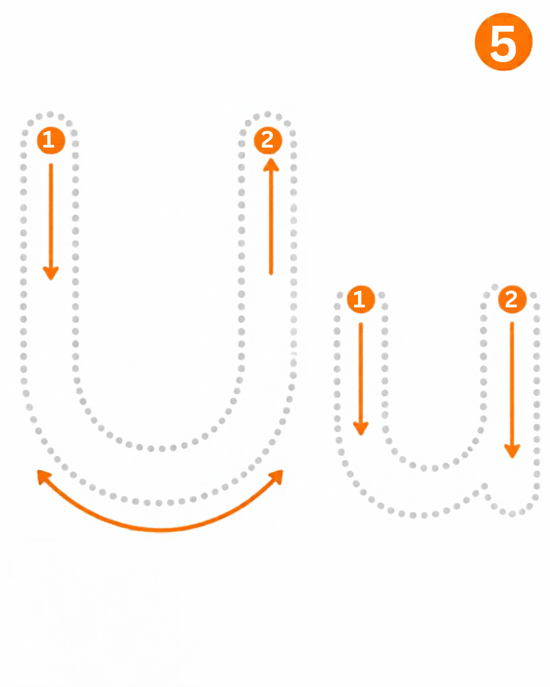 Letter tracing card for U: dotted U and u with numbered stroke arrows, from the Kiddo School alphabet
