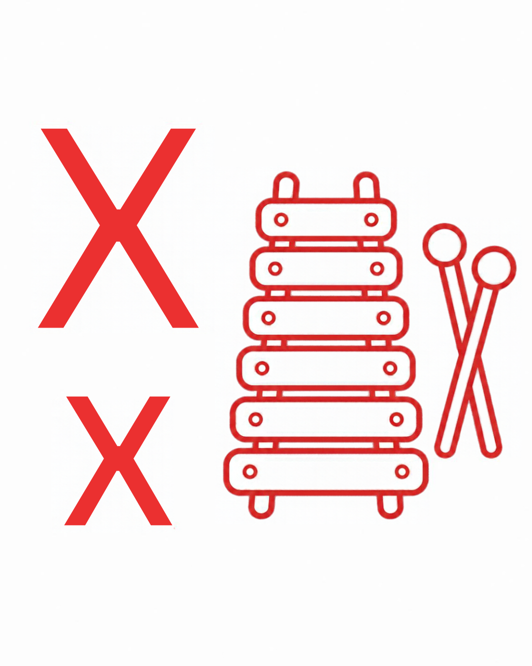 Object card for the letter X: the xylophone as a bold flat-colour picture on a white card, from the Kiddo School alphabet