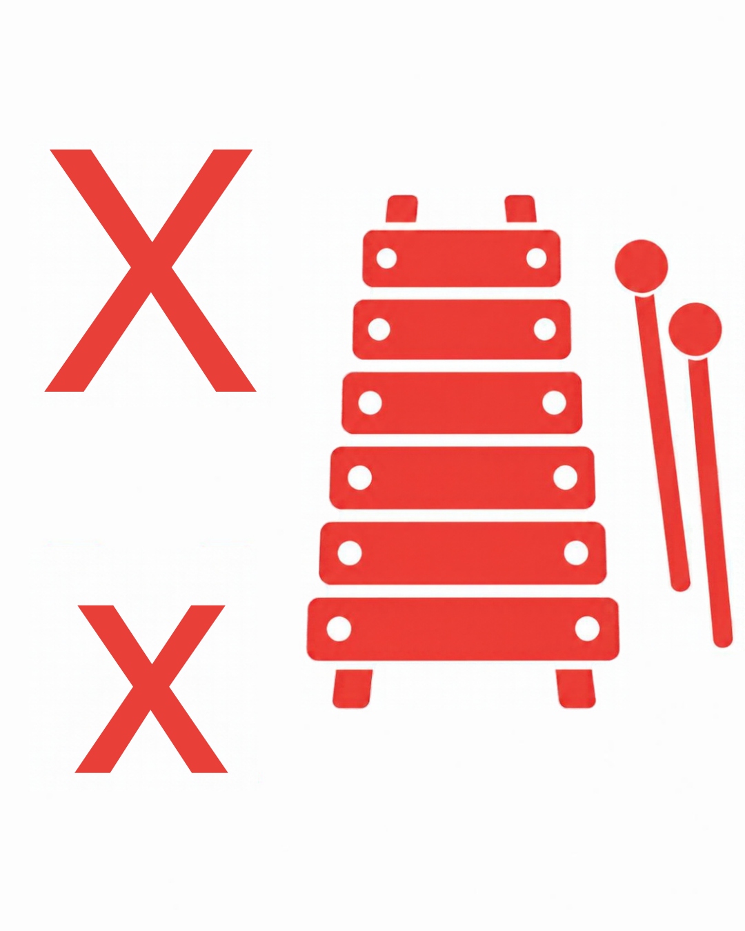 Letter and picture association card: X x with the letters X x beside a red xylophone with two mallets