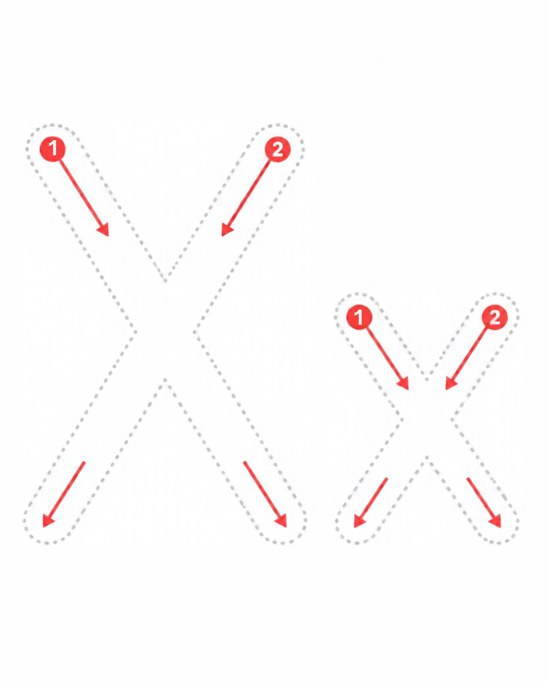 Letter tracing card for X: dotted X and x with numbered stroke arrows, from the Kiddo School alphabet