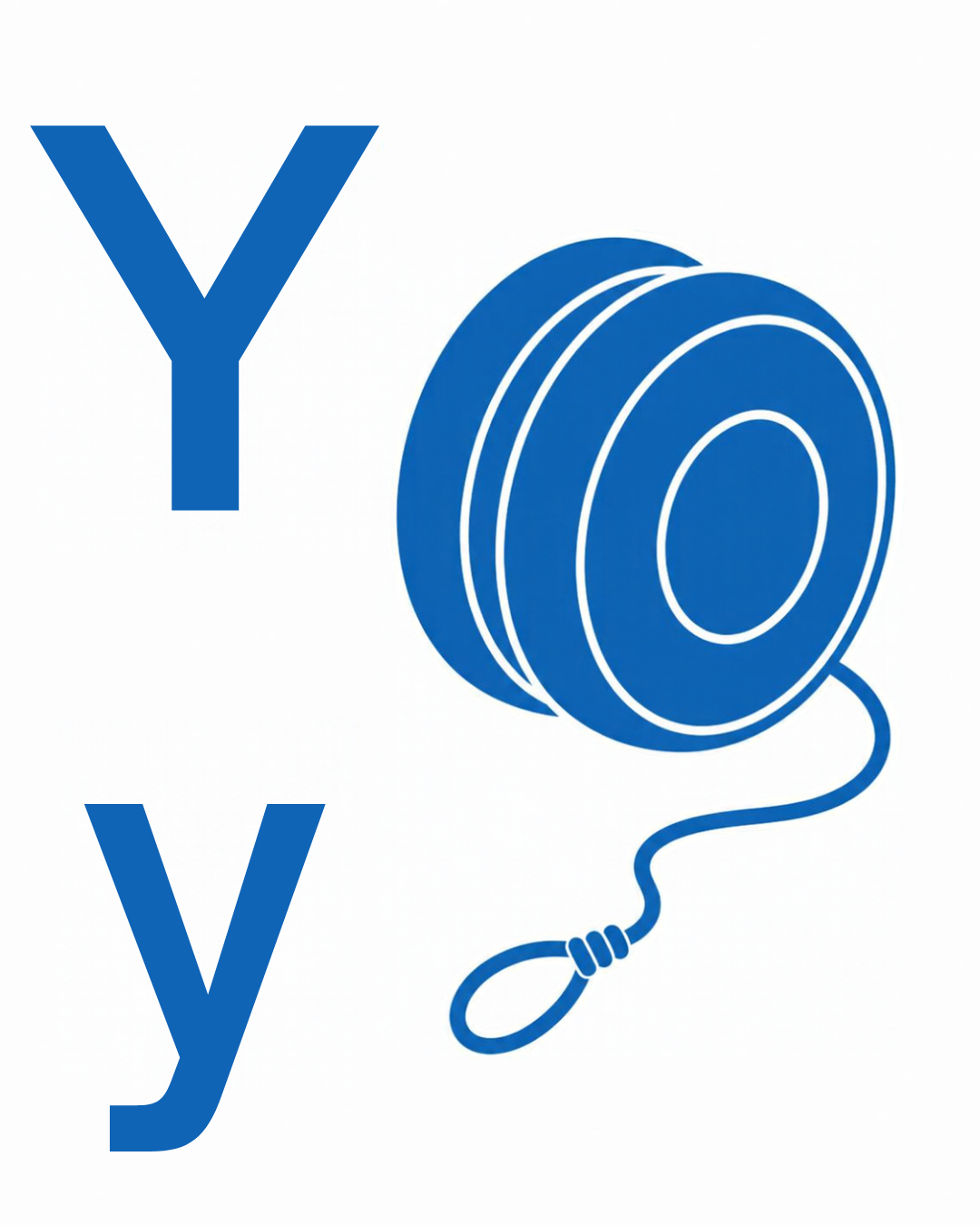 Letter and picture association card: Y y with a blue yo-yo with its string looping down