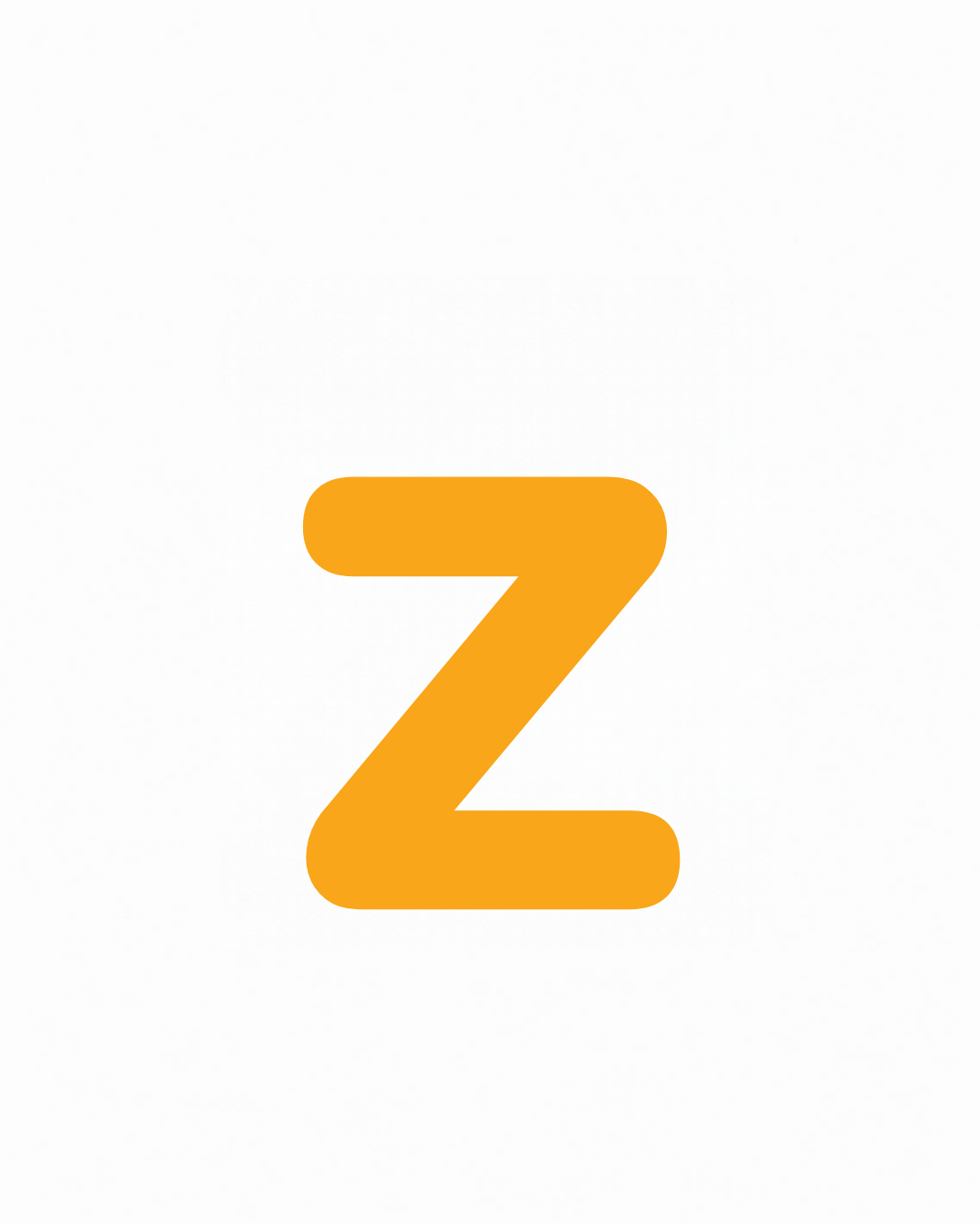 Lowercase letter card: the little letter z in its own colour on a white card, from the Kiddo School alphabet