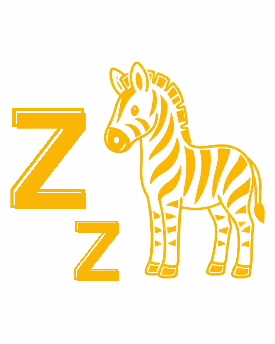 Letter sound card for Z: big Z, little z and the zebra together on a white card, from the Kiddo School alphabet