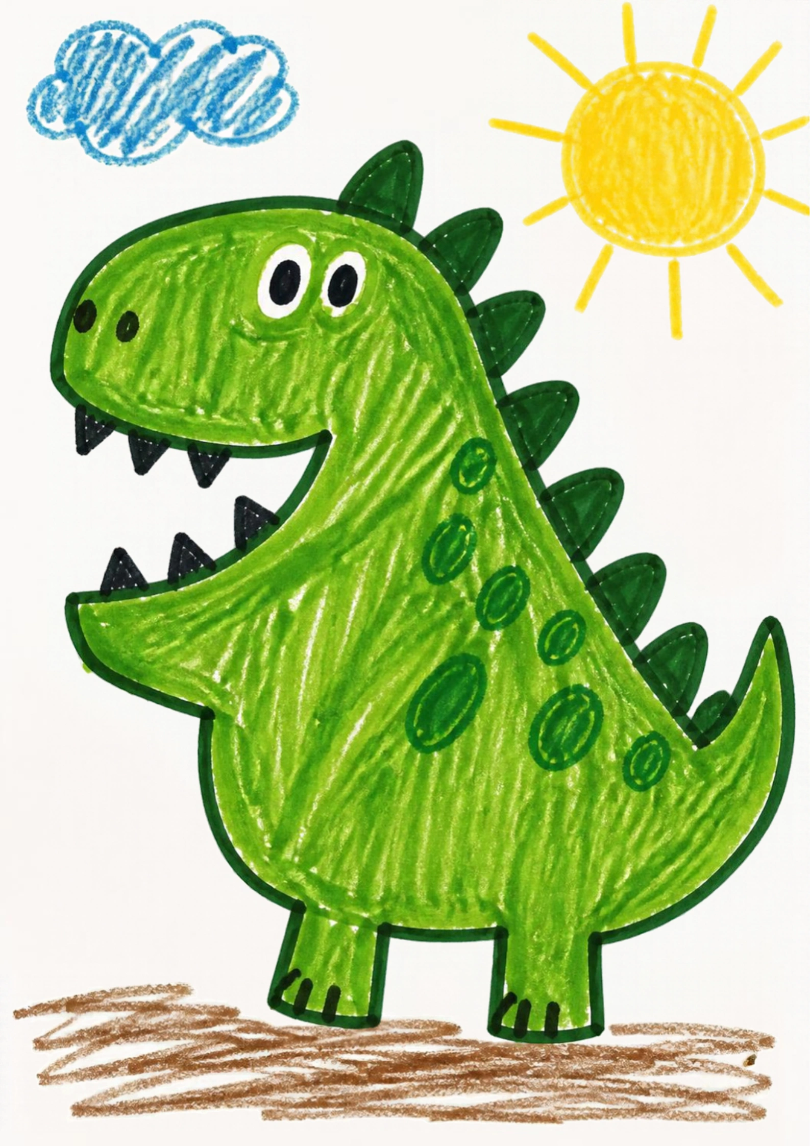 Child-style drawing of a green dinosaur