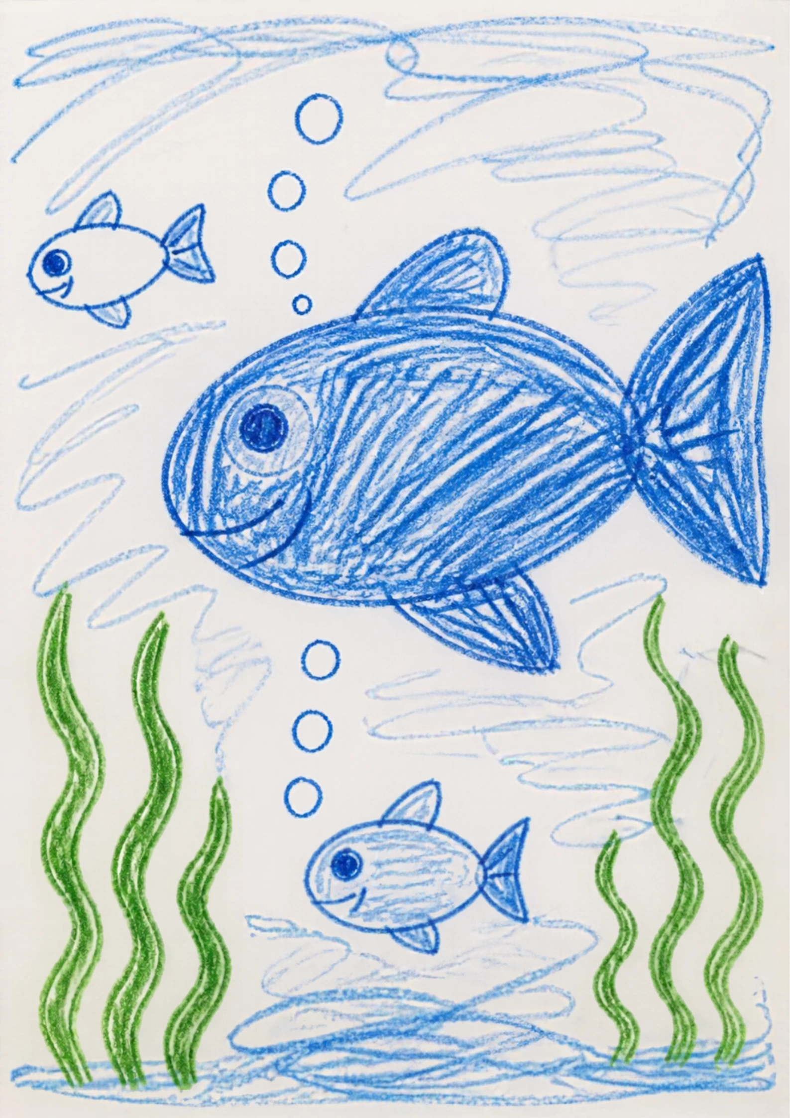Child-style drawing of fish under the sea