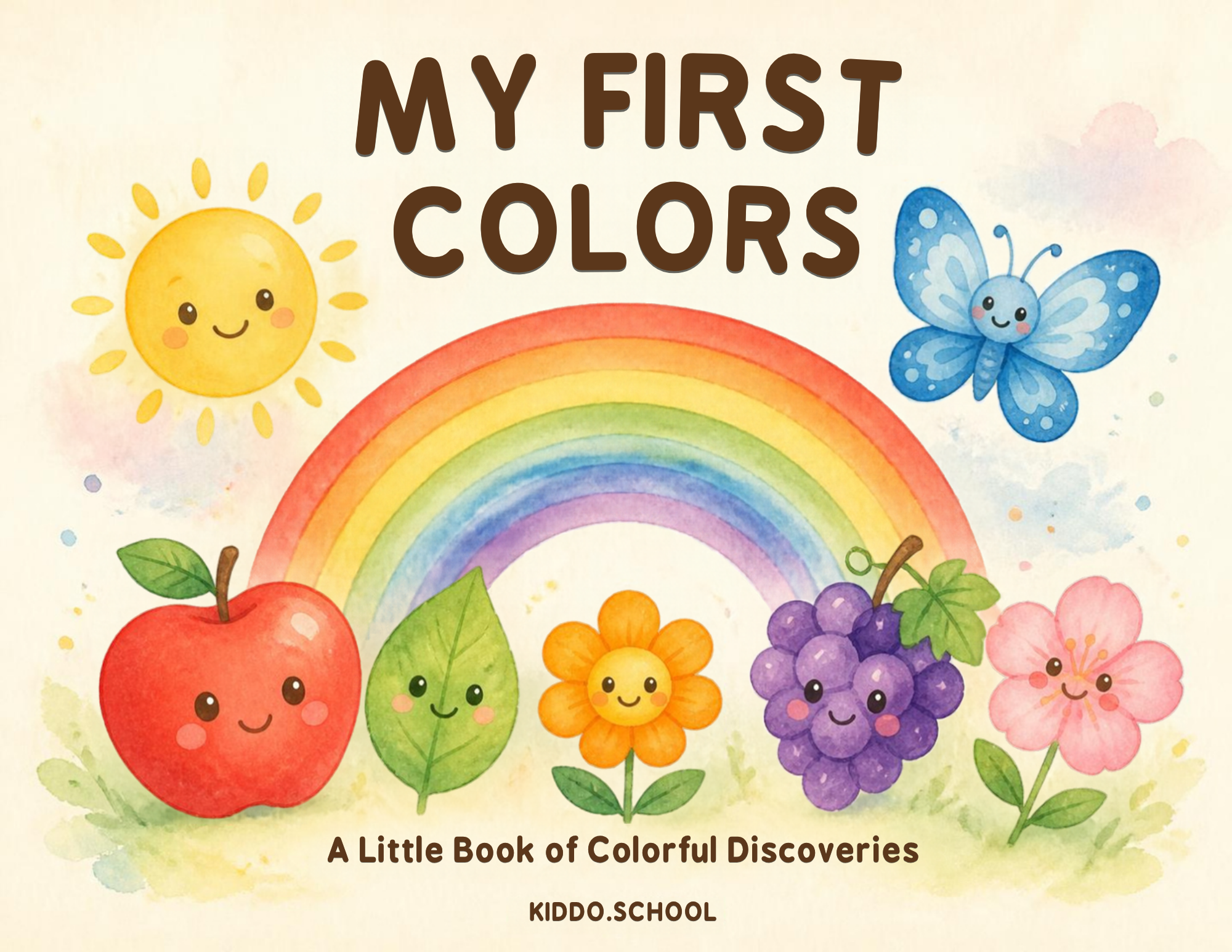 My First Colors cover: a smiling yellow sun, a rainbow and a blue butterfly above a smiling red apple, a green leaf, an orange flower, purple grapes and a pink flower
