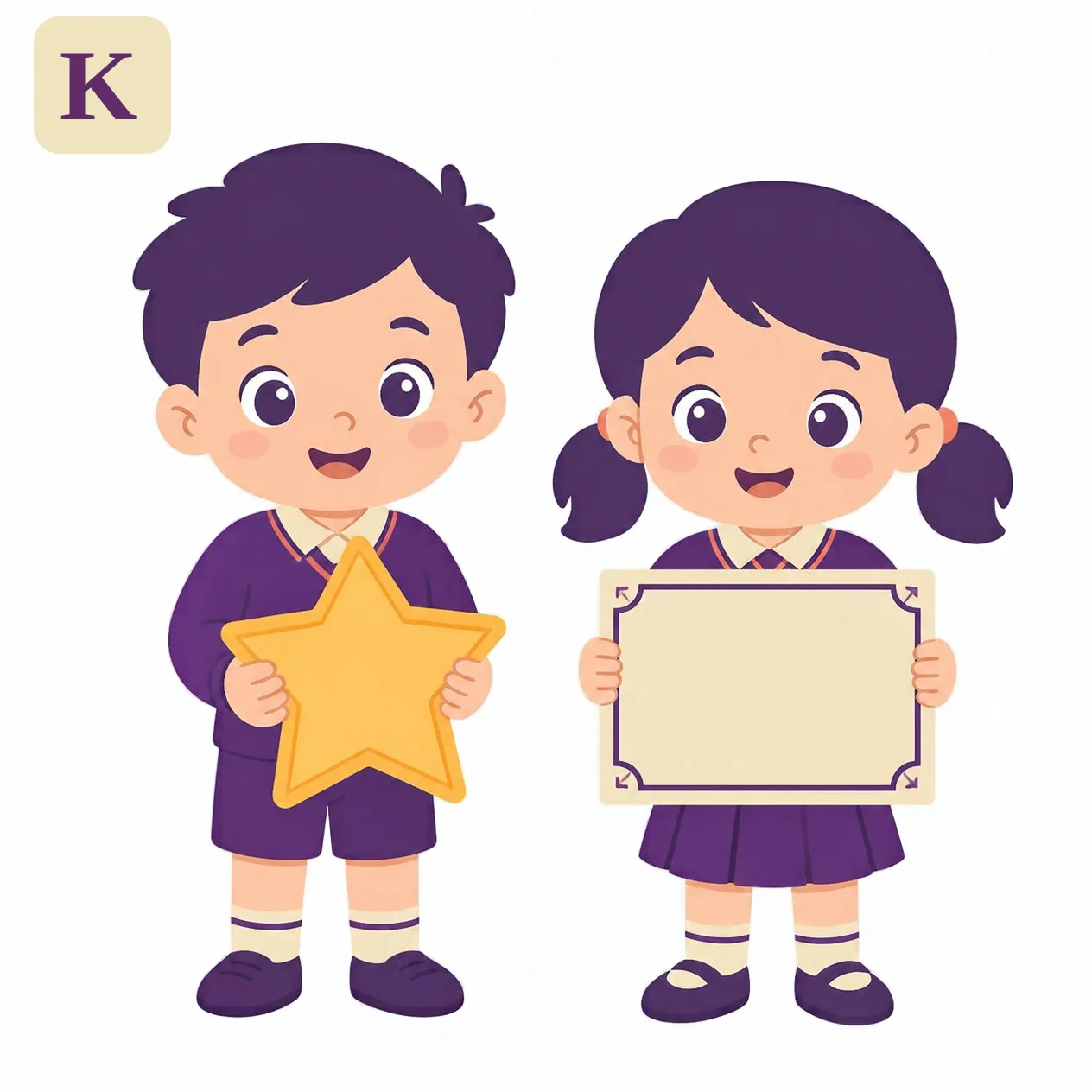 A boy holds a big golden star and a girl holds a certificate, both in purple school uniforms, from the Kiddo.school achievement illustration.