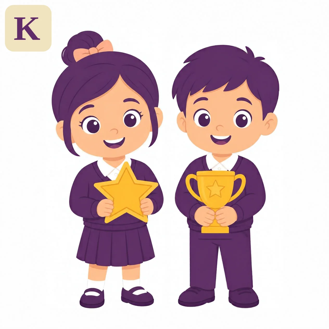 A girl holds a golden star and a boy holds a trophy, both in purple school uniforms, from the Kiddo.school trophy illustration.