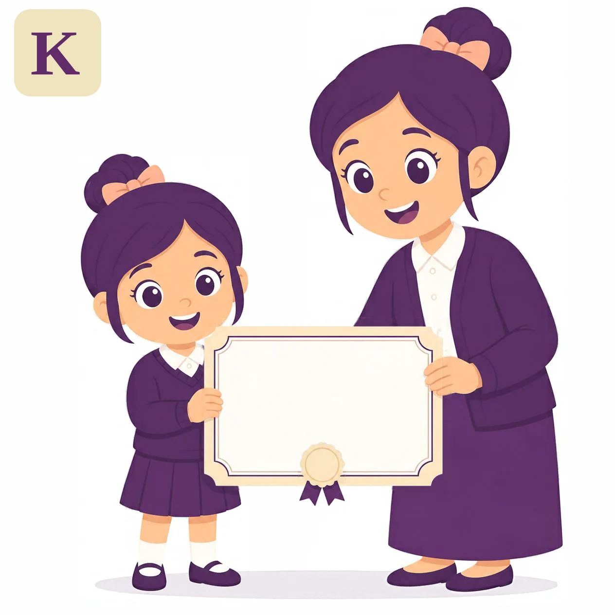 A smiling grown-up hands a big certificate to a proud child in a purple school uniform, from the Kiddo.school celebration illustration.