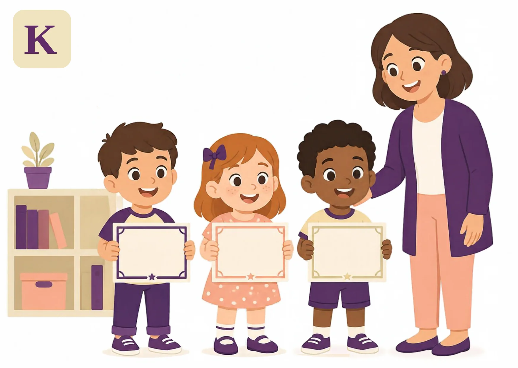 A proud child shows a finished worksheet to a smiling grown-up beside a shelf of finished-work folders, from the Kiddo.school achievements illustration.