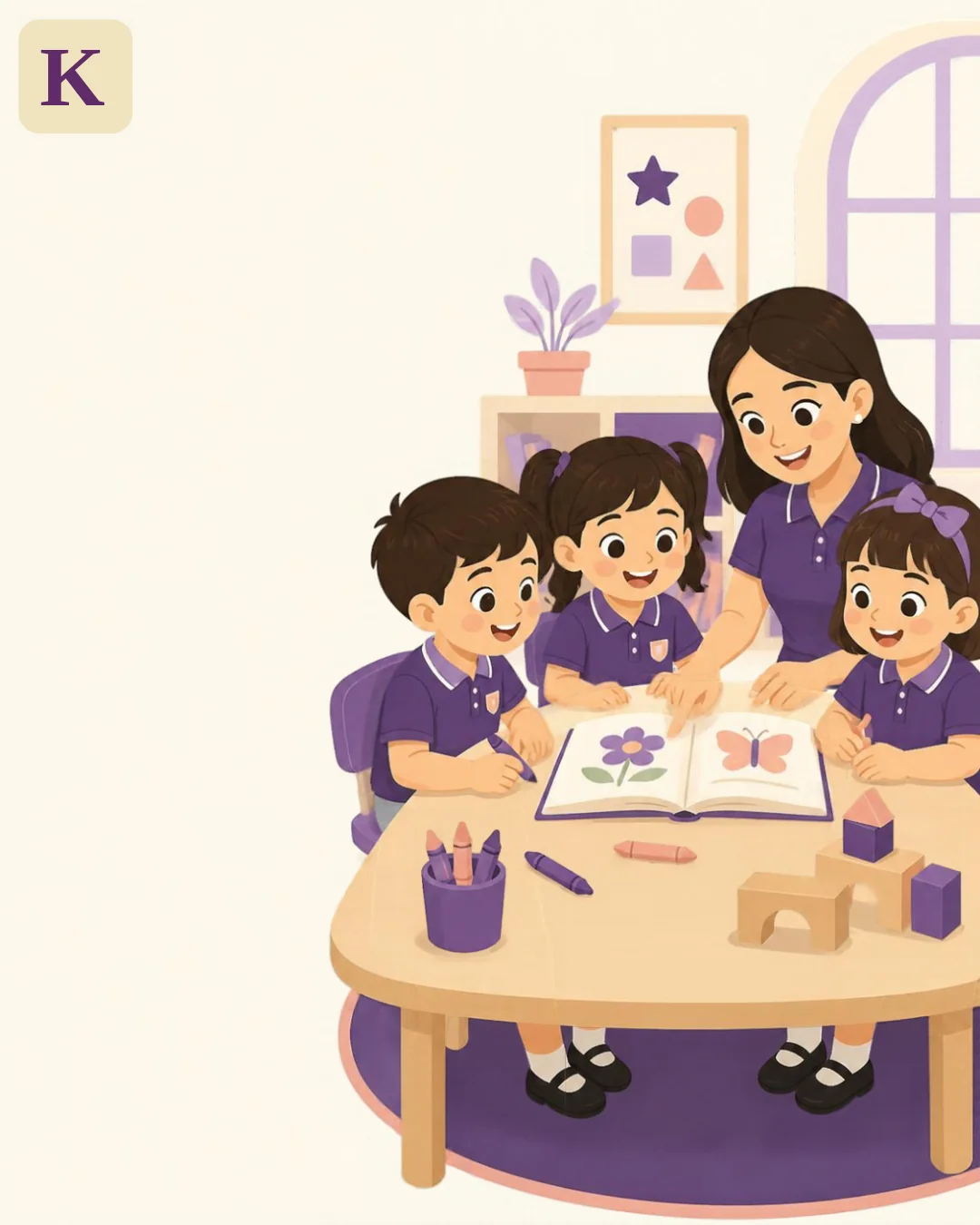 A teacher and three children in purple uniforms gather around a round classroom table with a picture book and building blocks, from the Kiddo.school community illustration.