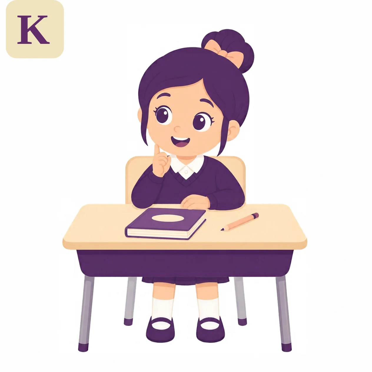 A girl in a purple school uniform sits ready at her desk with a book and a pencil, from the Kiddo.school illustration.