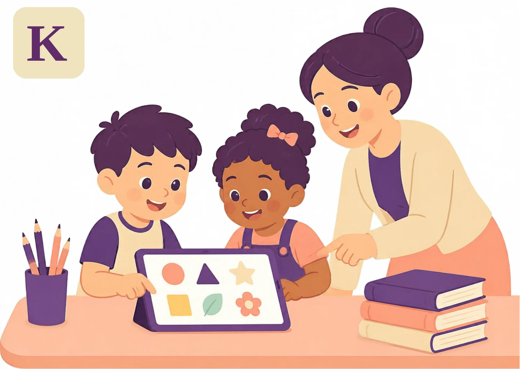 Two children play an on-screen matching game together on a tablet, one pointing at the screen and laughing, from the Kiddo.school interactive learning illustration.