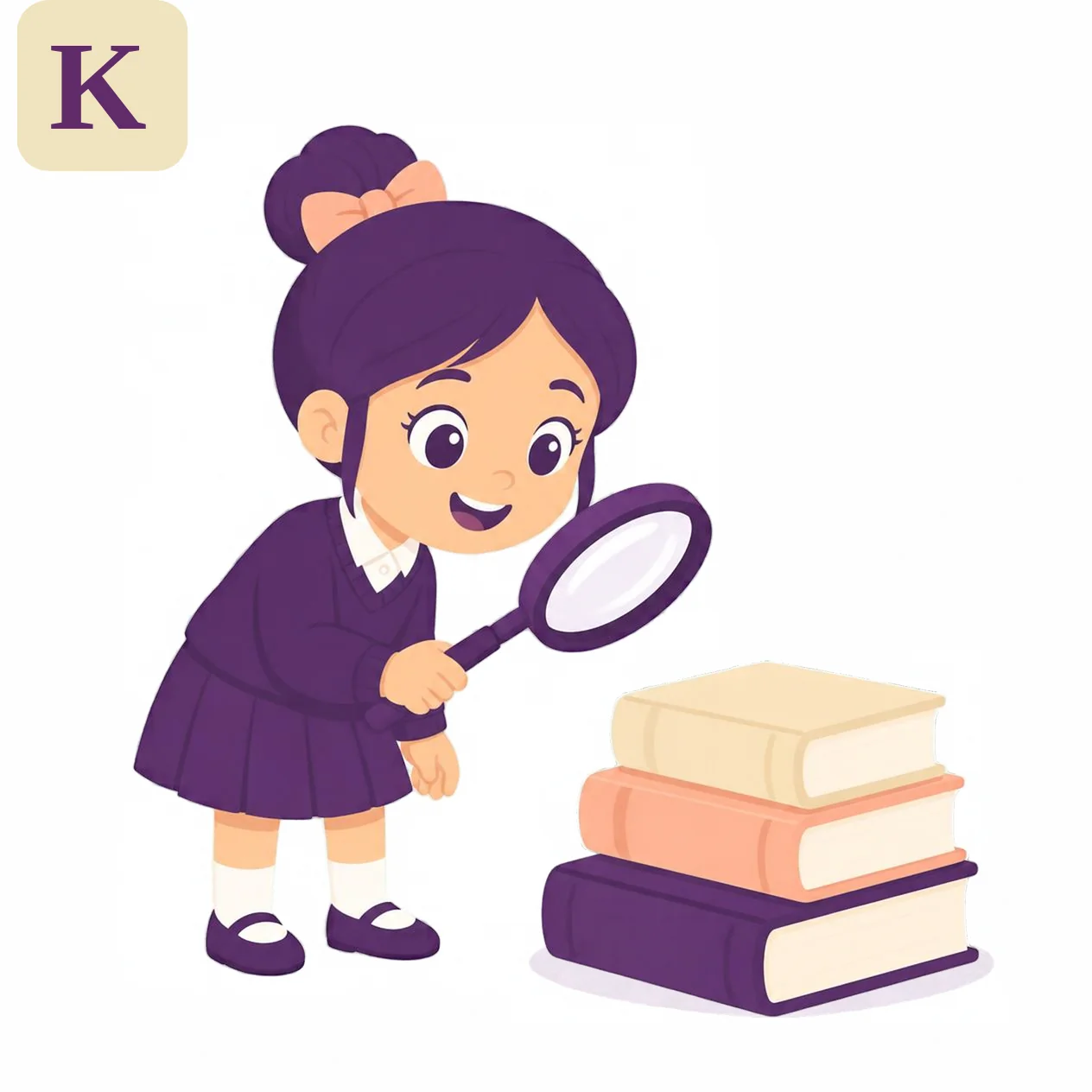 A girl in a purple school uniform leans in with a magnifying glass to study a stack of books, from the Kiddo.school search artwork.