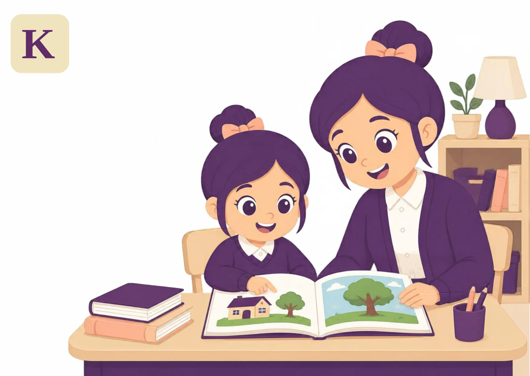 A grown-up and a child in purple school uniforms read a big picture book together at a desk, from the Kiddo.school family illustration.