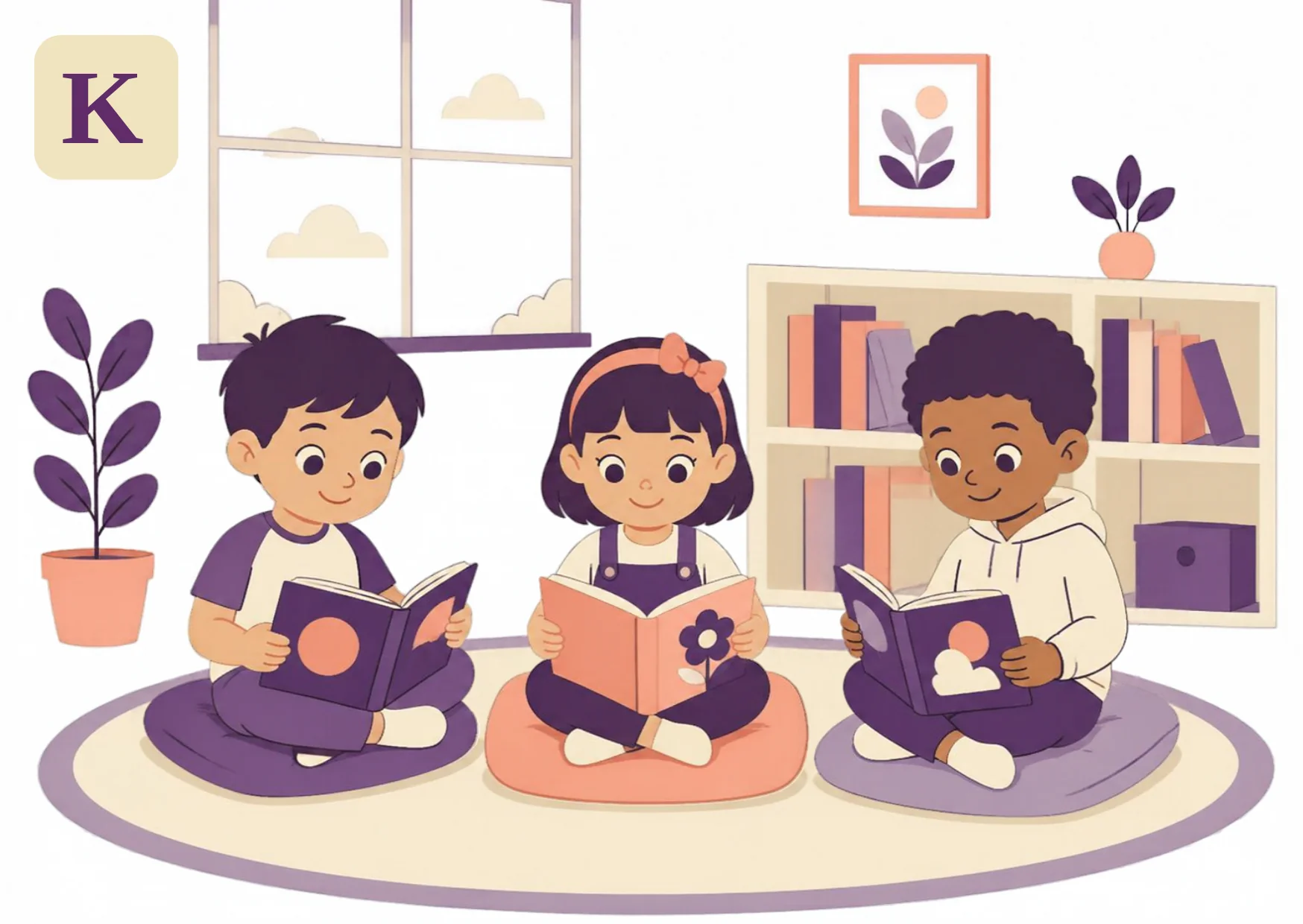 A child colors a printed worksheet at a kitchen table while a grown-up points at the page, printed sheets stacked beside, from the Kiddo.school worksheets illustration.