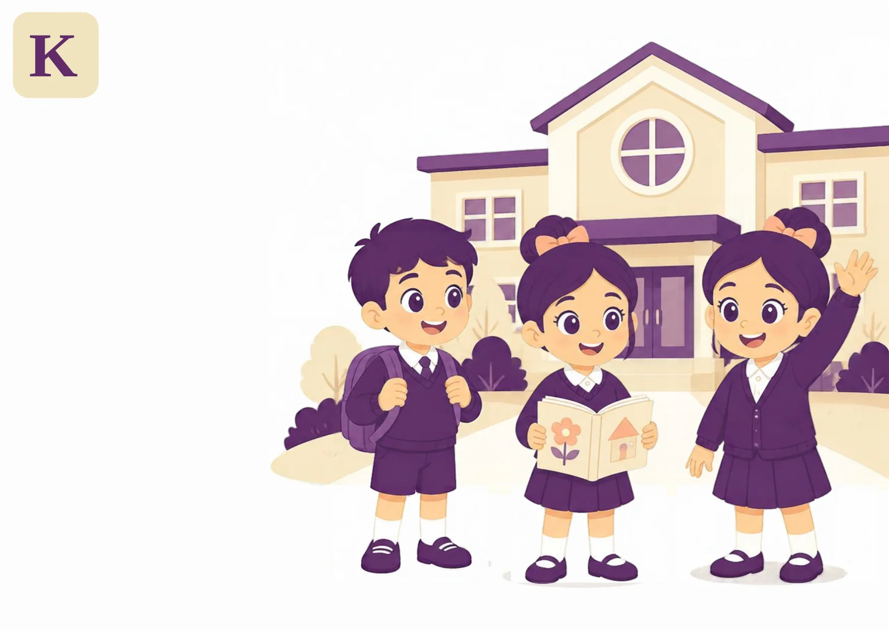 Three children in purple school uniforms wave and read in front of the school building, from the Kiddo.school welcome illustration.