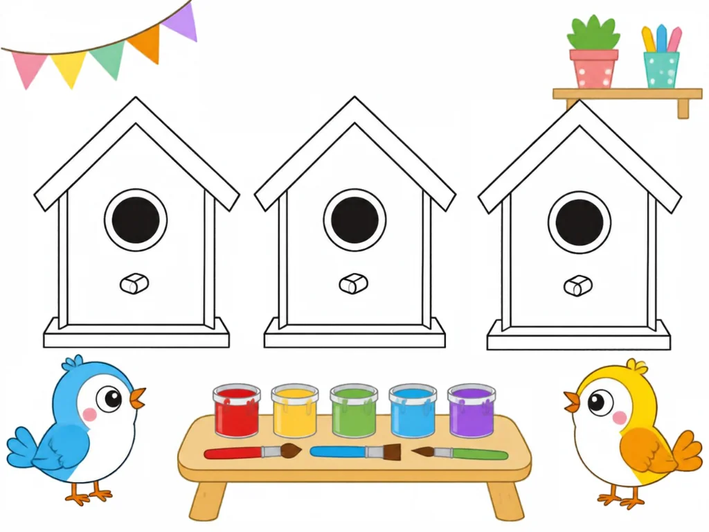 Three wooden birdhouses with paint pots, waiting to be painted.