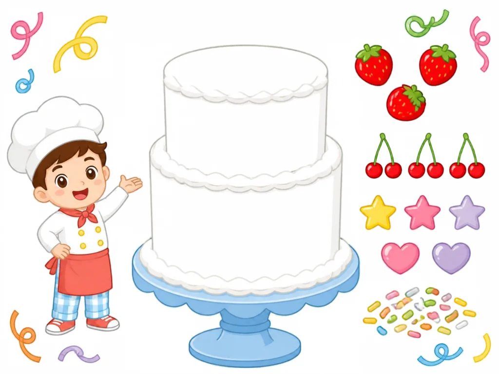A two-tier birthday cake on a stand with candles and decorations to place.