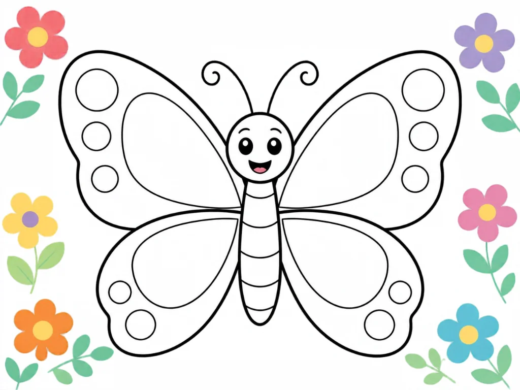 A friendly butterfly with empty wing sections ready to paint, surrounded by flowers.