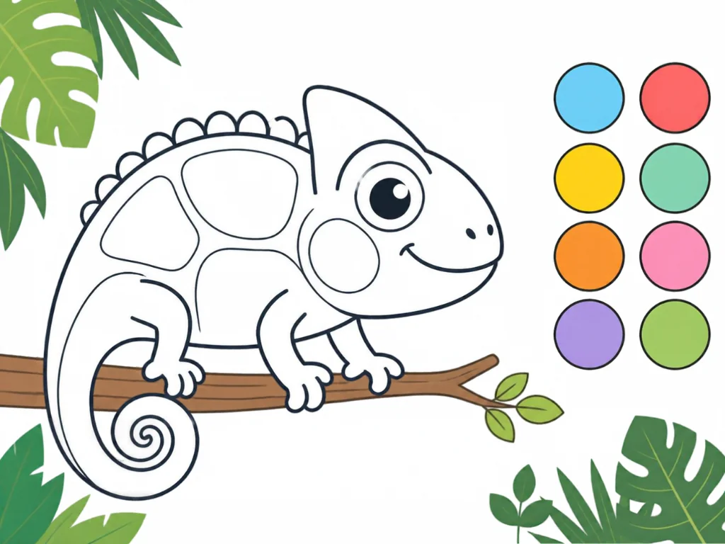 A smiling chameleon on a branch with eight color dots waiting to be picked.