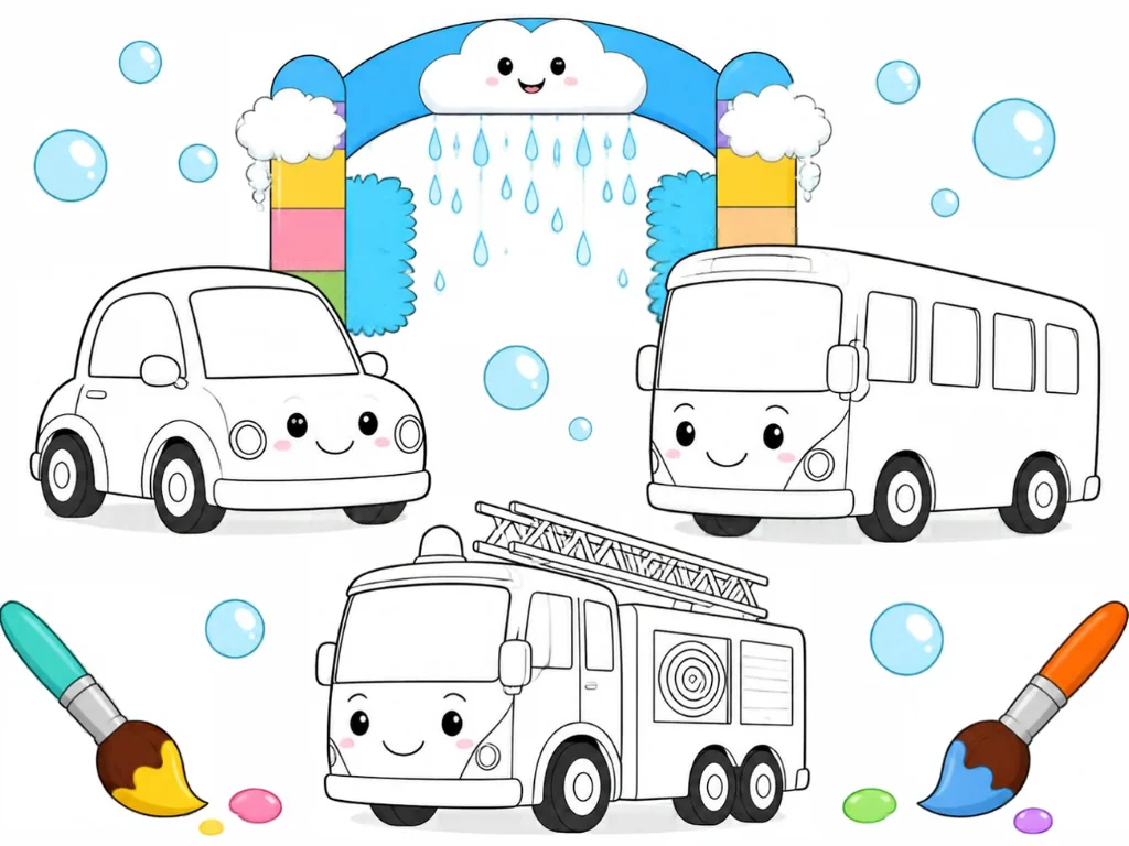 A car, a bus and a fire truck at a rainbow car wash, waiting for new colors.
