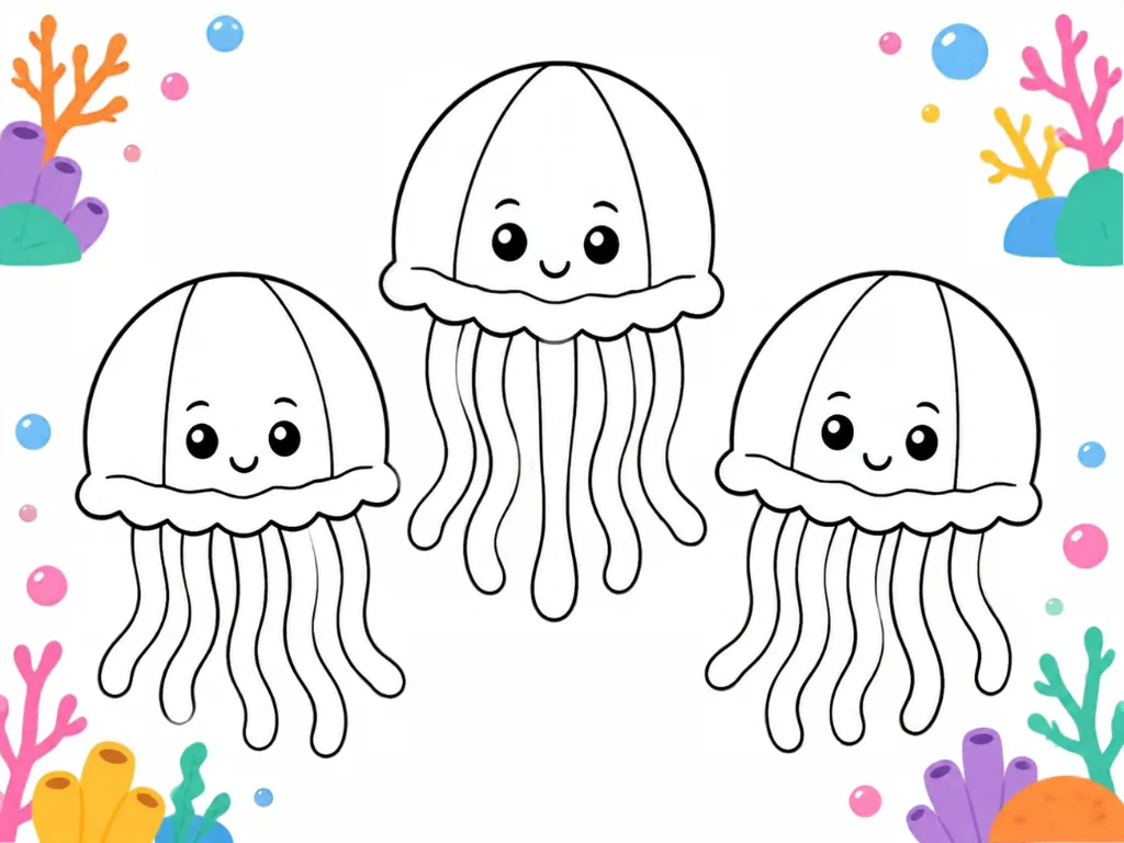 Three smiling jellyfish with long tentacles over a colorful reef.