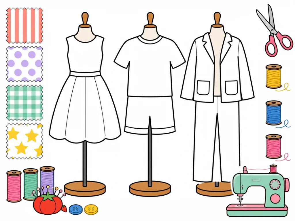 A fashion studio with a dress, a shirt-and-shorts set and a coat on mannequins.