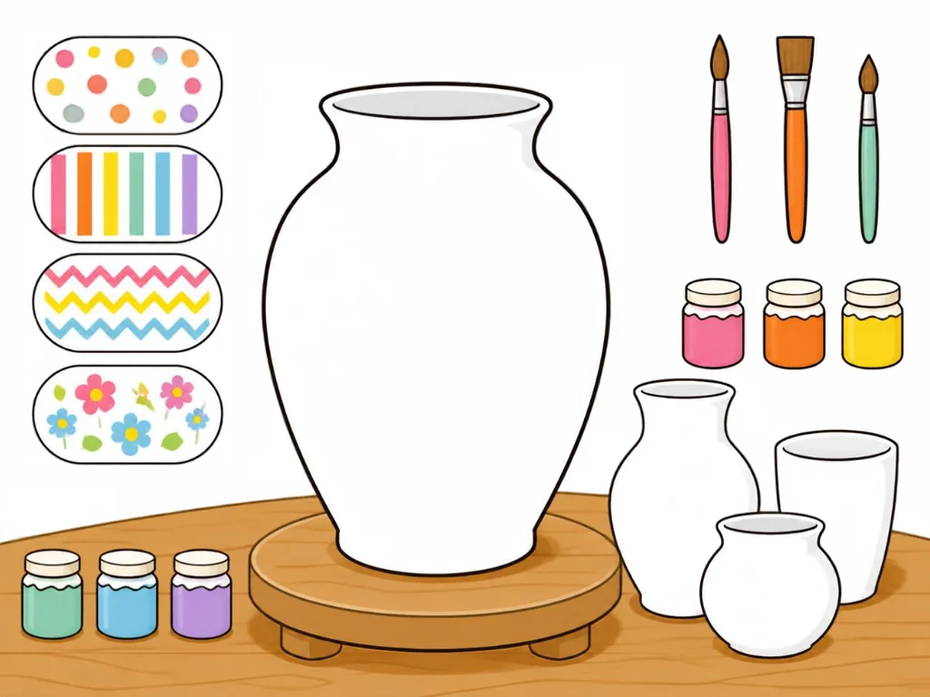 A pottery studio with a big vase on a wheel and little pots ready for paint.