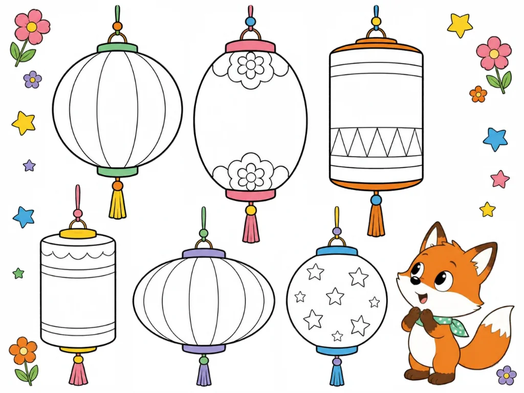 Hanging festival lanterns with empty panels, stars and a little fox.