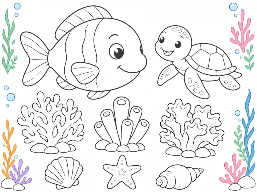 An ocean scene with a clownfish, a sea turtle, coral and shells waiting for color.