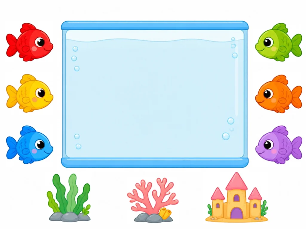 An empty aquarium tank with colorful fish, plants and a castle waiting to be placed inside.