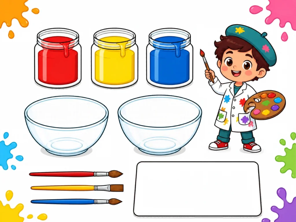 A young painter with red, yellow and blue paint jars and empty mixing bowls.