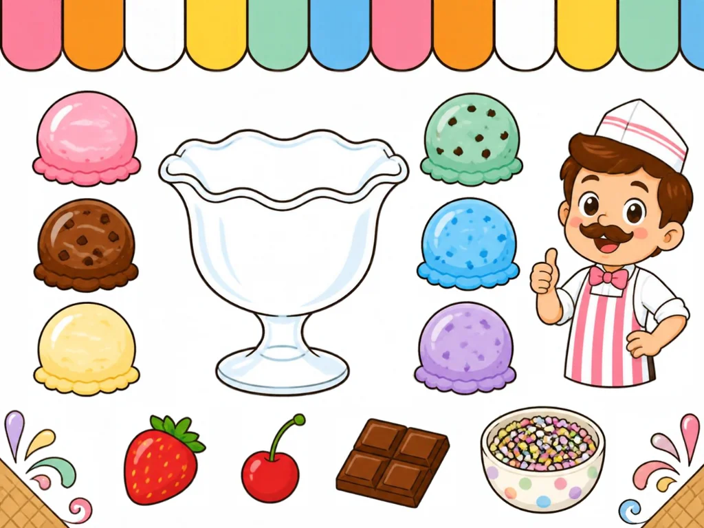 An ice cream parlour with a tall sundae glass and scoops of many flavors.