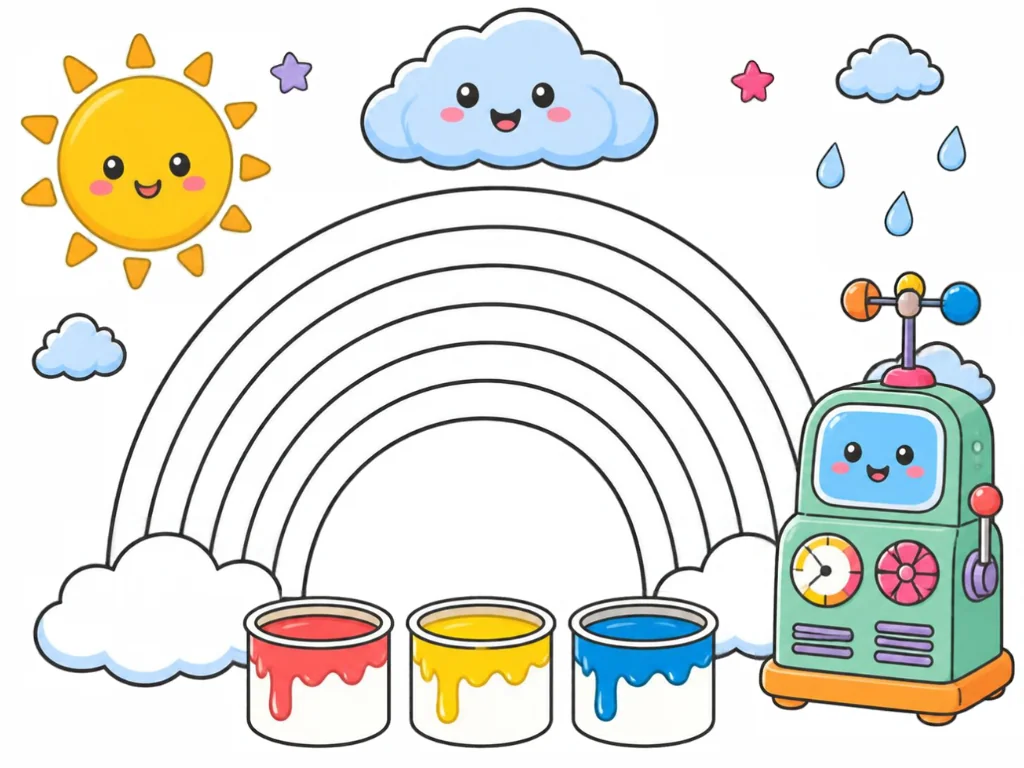 A rainbow-making machine with six empty arcs, a smiling sun and paint pots.