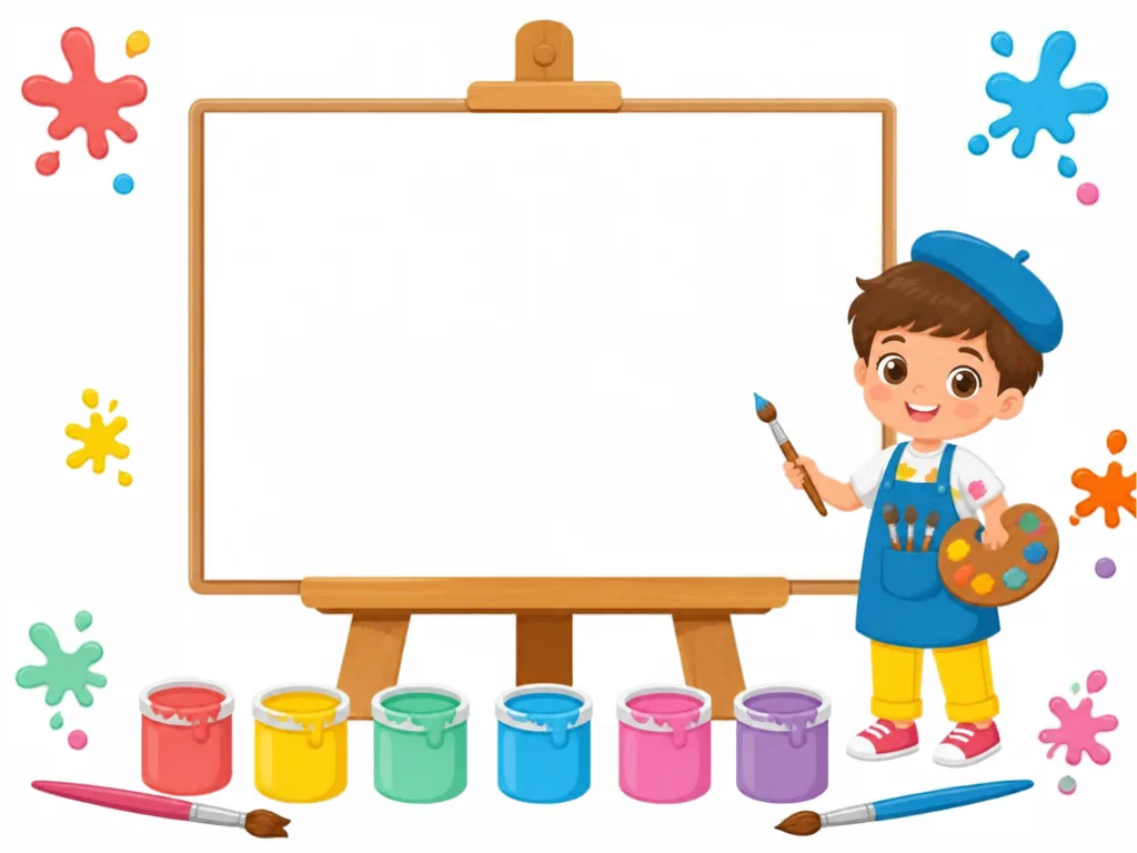 A painter at an easel in front of a big blank canvas with colorful splats around.