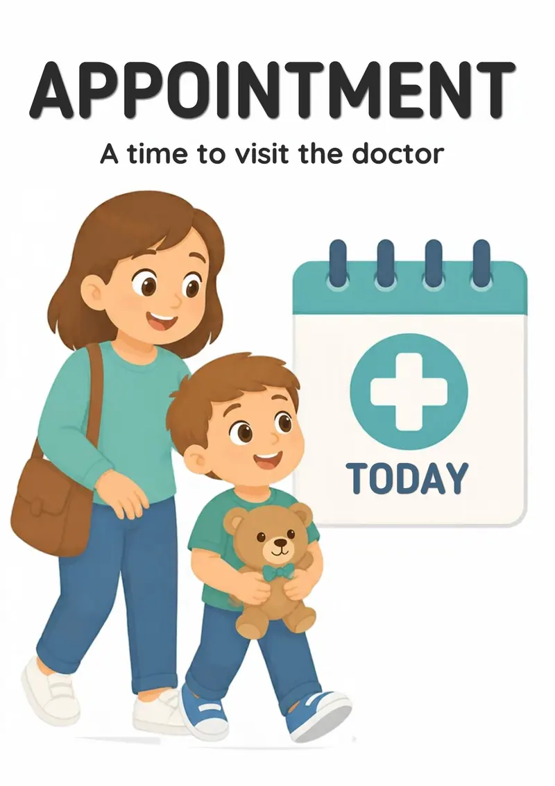 A Doctor Visit flashcard titled Appointment: the words "A time to visit the doctor" over a parent and child walking with a teddy bear beside a calendar marked TODAY.