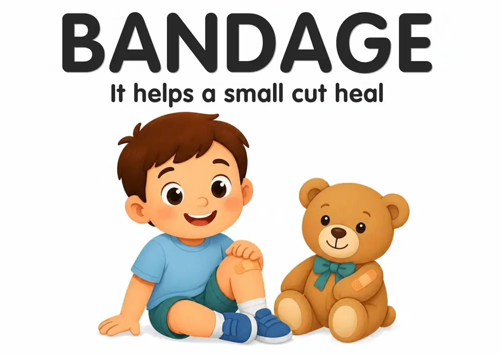 A Doctor Visit flashcard titled Bandage: the words "It helps a small cut heal" over a child sitting with a small bandage on the knee next to a teddy bear.