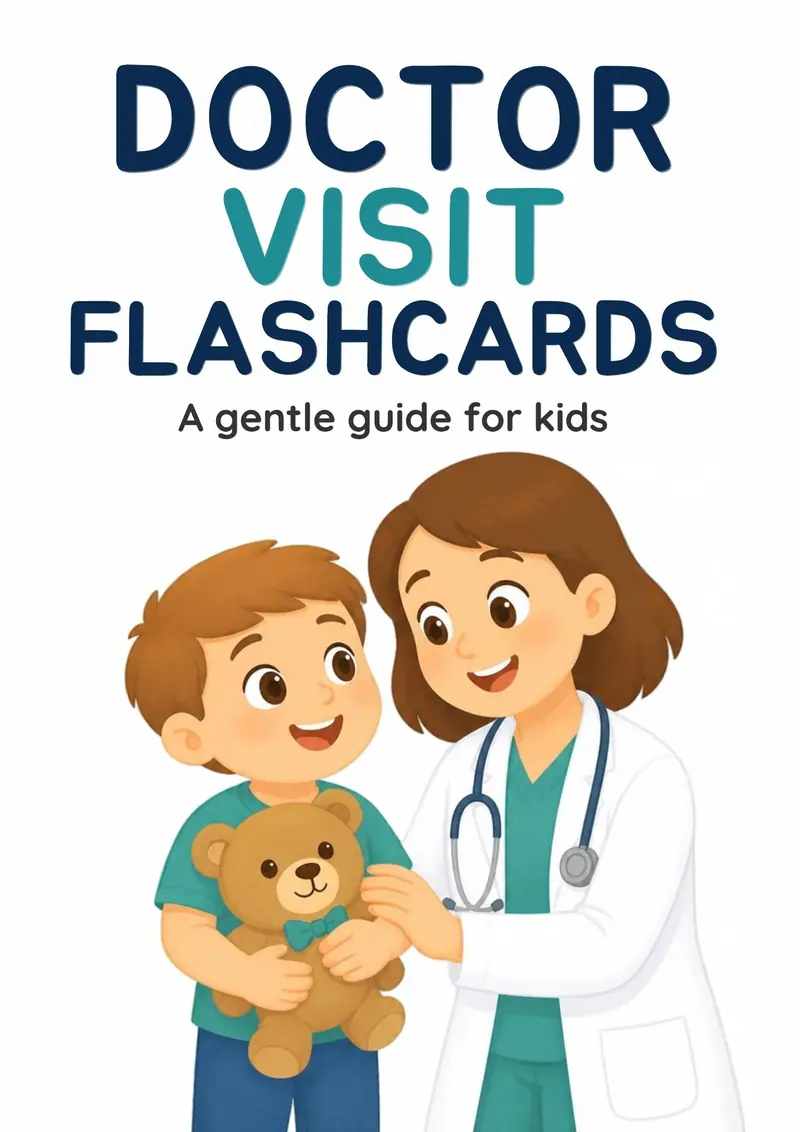 Cover of the Doctor Visit flashcards set: a doctor greeting a child hugging a teddy bear, with the words Doctor Visit Flashcards — a gentle guide for kids.