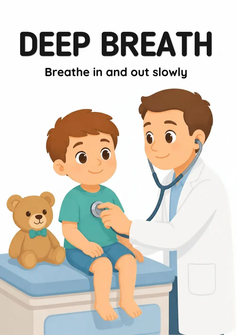 A Doctor Visit flashcard titled Deep Breath: the words "Breathe in and out slowly" over a doctor listening with a stethoscope while a child breathes calmly on the exam bed, teddy bear beside.