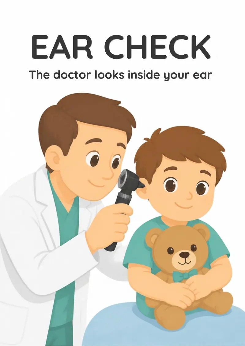 A Doctor Visit flashcard titled Ear Check: the words "The doctor looks inside your ear" over a doctor holding a small light to a child&rsquo;s ear while the child hugs a teddy bear.