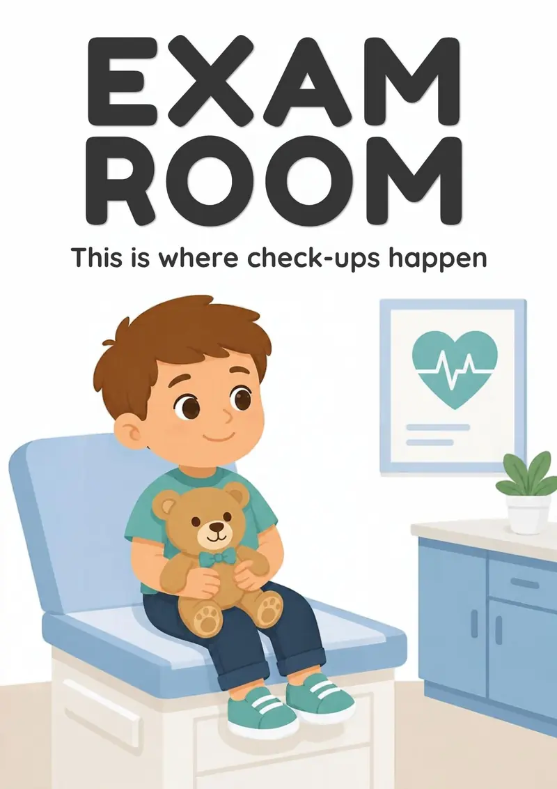 A Doctor Visit flashcard titled Exam Room: the words "This is where check-ups happen" over a child sitting on an exam bed holding a teddy bear.