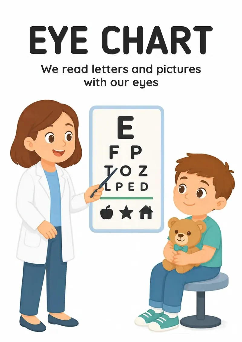 A Doctor Visit flashcard titled Eye Chart: the words "We read letters and pictures with our eyes" over a doctor pointing at an eye chart while a child sits on a stool with a teddy bear.