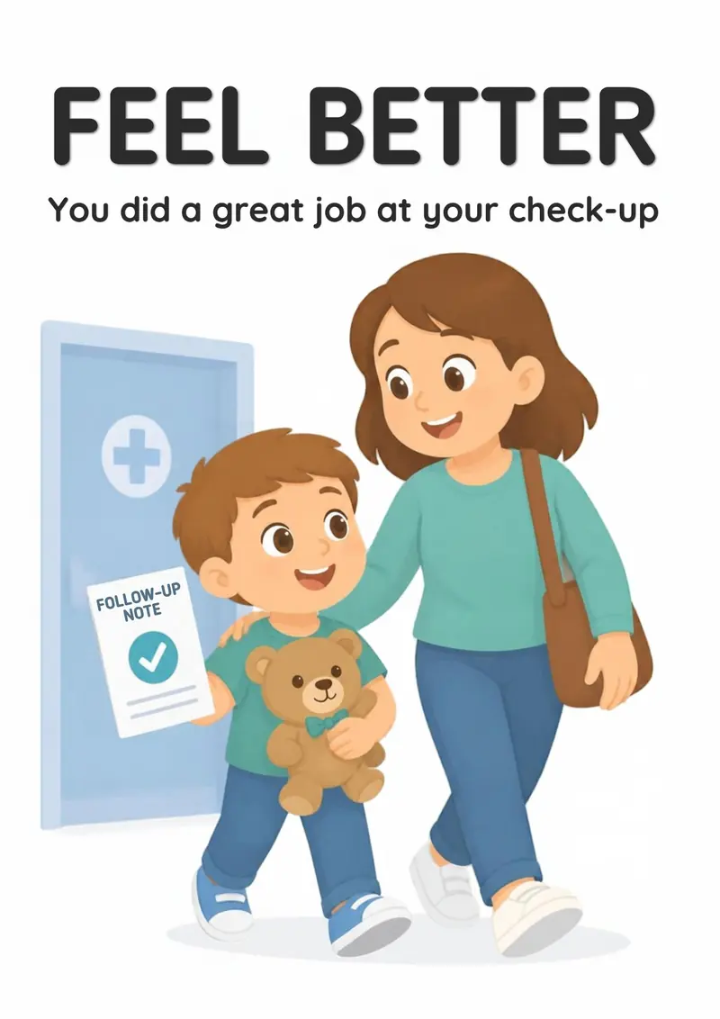 A Doctor Visit flashcard titled Feel Better: the words "You did a great job at your check-up" over a parent and child walking home with a teddy bear past the clinic door.