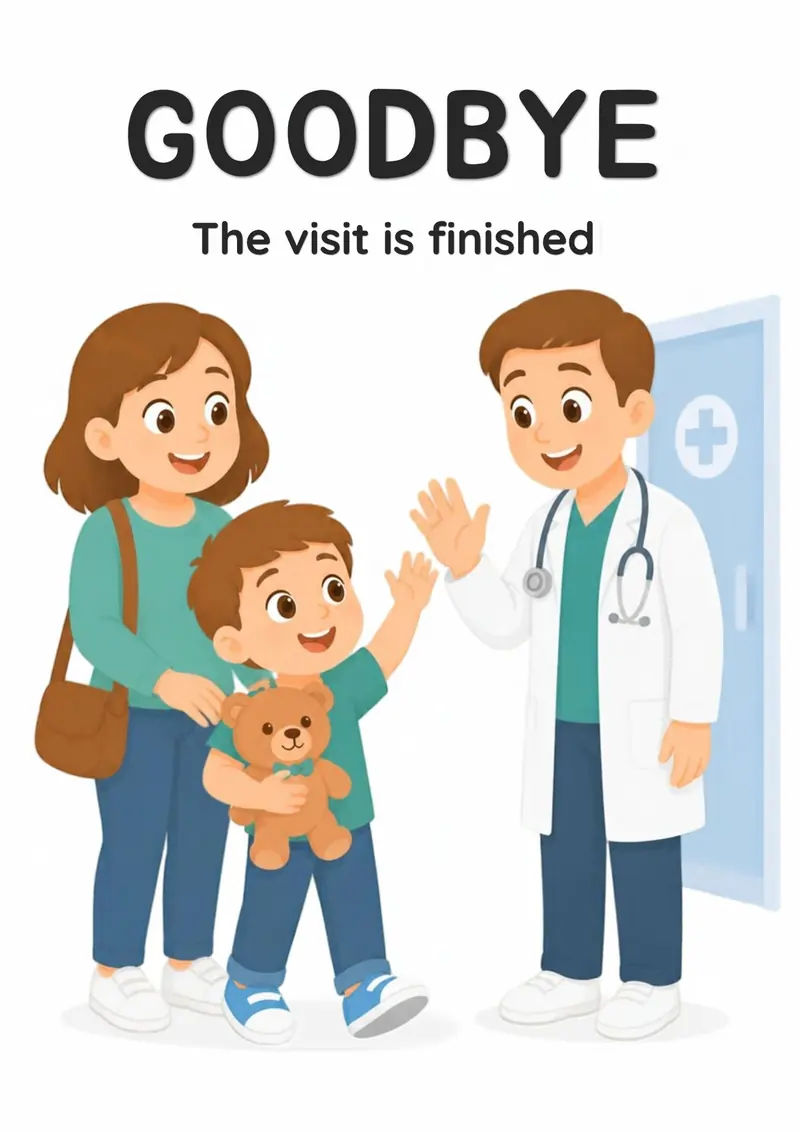 A Doctor Visit flashcard titled Goodbye: the words "The visit is finished" over a child and parent waving goodbye to the doctor at the clinic door.