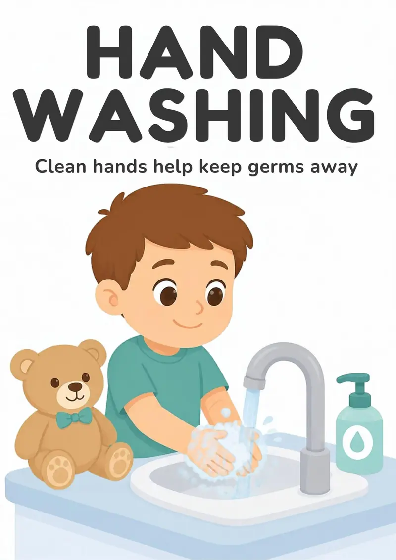 A Doctor Visit flashcard titled Hand Washing: the words "Clean hands help keep germs away" over a child washing hands at a sink with soap, teddy bear watching.