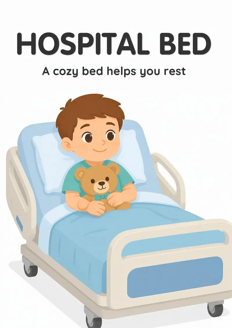 A Doctor Visit flashcard titled Hospital Bed: the words "A cozy bed helps you rest" over a child resting comfortably in a hospital bed with a teddy bear.